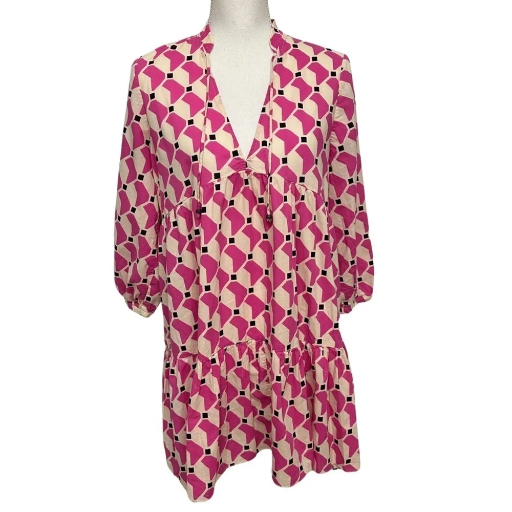 Zara Geometric Print Mini Babydoll Cotton Dress Pink White Black SZ Small